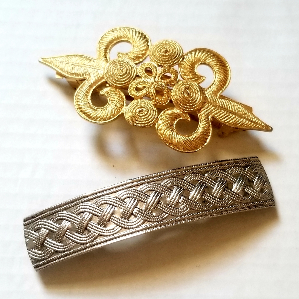 Vintage 1980s Deborah Rhodes Mocha Gold and Silver Metal Hair Barrettes France